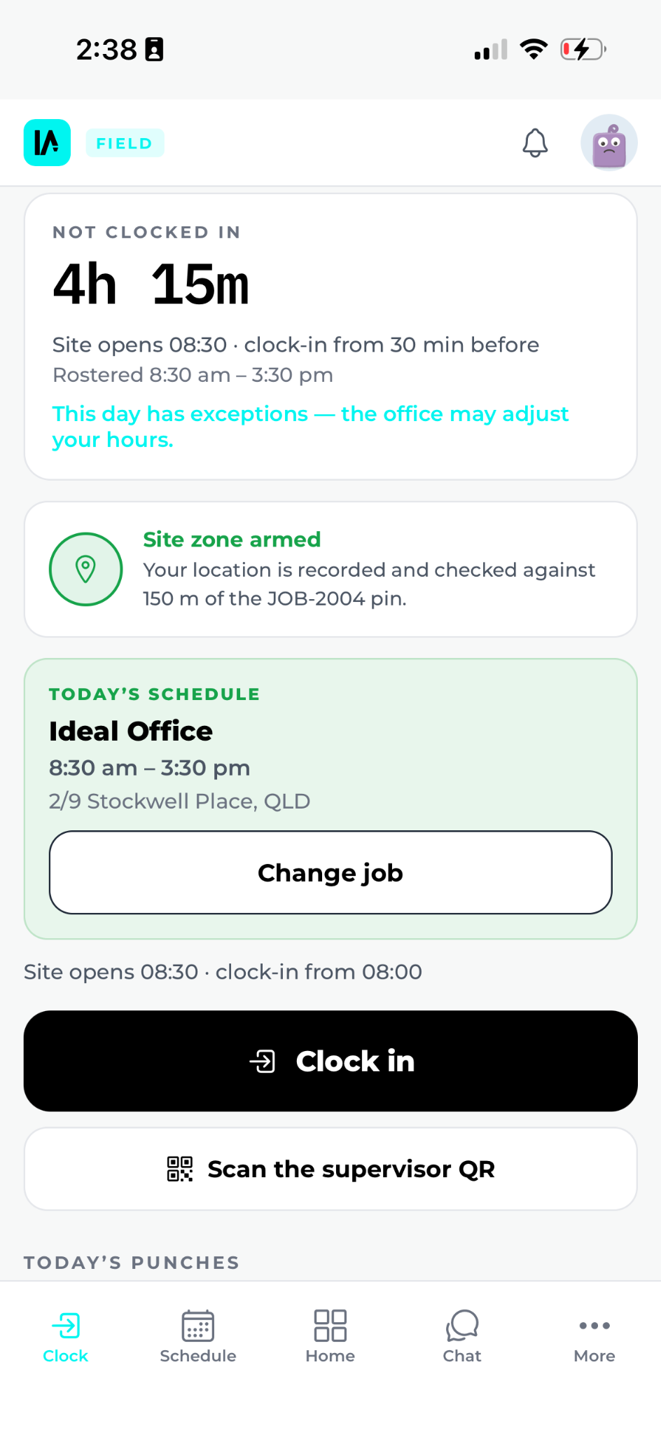 IdealOS clock-in and site zone check